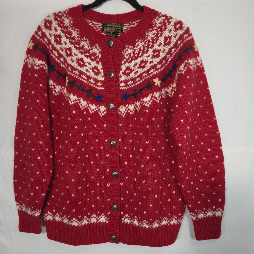 80s Eddie Bauer Wool Cardigan Sweater Womens MED Red Vintage Nordic Fair Isle